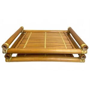 Set of 2 Bamboo Rattan Serving Stackable Trays Vintage Chinese Decor 1970's